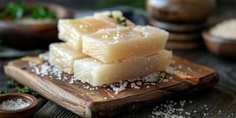 Thick slices of raw lard on a wooden board
