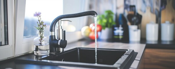Close up of kitchen sink with faucet, home kitchen interior