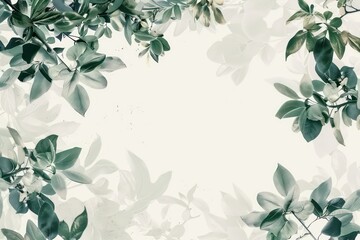 green leaves frame with a free space in the center and a neutral background, watercolored illustration with artistic details