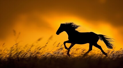   A silhouetted horse gallops through a field of tall grass as the sun sets in the distance
