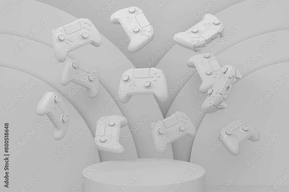 Poster set of video game joystick on cylinder podium with step on monochrome