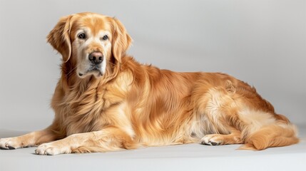 Dapper Golden Retriever Dog Resting on Plain Background, Space for Text Provided