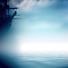 Obraz premium sailboat sailing in the fog, in blue shades, illustration generated by Ai
