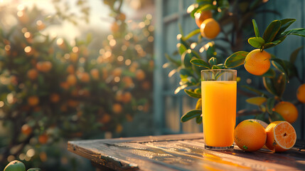 Fresh orange juice on wooden table