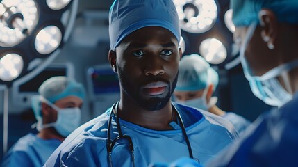 Confident African American Male Surgeon Leading Emergency Medical Team in Surgery - Powered by Adobe