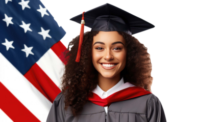 American university student smiling happily isolated on a transparent background