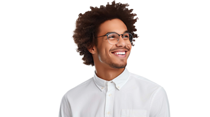 American university student smiling happily isolated on a transparent background