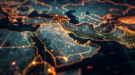 Abstract digital map of the Middle East, concept of  global network and connectivity, data transfer and cyber technology, information exchange and telecommunication	
