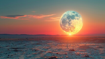 Obraz premium Giant moon setting over a barren desert landscape