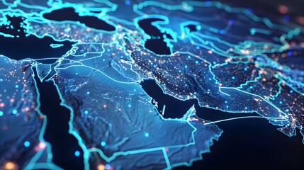 Abstract digital map of the Middle East, concept of  global network and connectivity, data transfer...