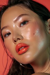 Confident and Radiant Asian Model Showcases Vibrant Coral Lipstick and Powerful Fashion Line