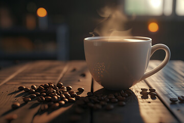 a white porcelain cup filled with steaming hot coffee, coffee beans scattered in the foreground on a dark wooden table. Soft morning light illuminates the scene, Generative AI
