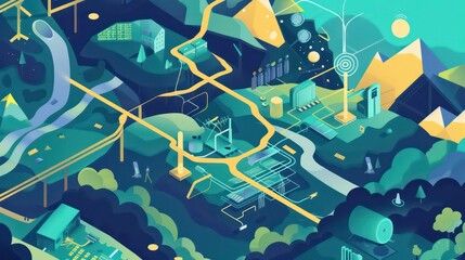 illustration of a digital ecosystem, simple and colorful design