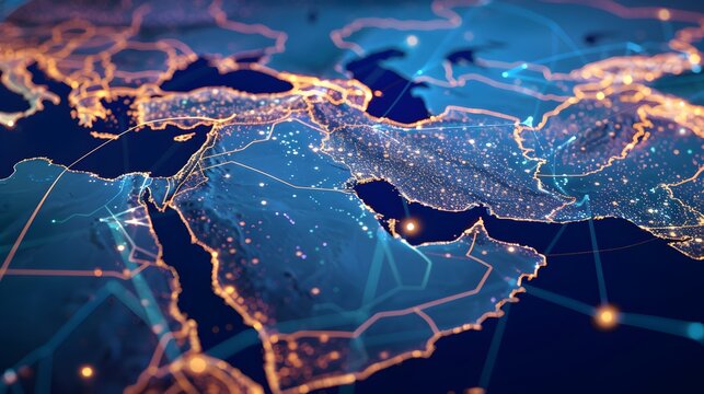 Abstract digital map of the Middle East, concept of  global network and connectivity, data transfer and cyber technology, information exchange and telecommunication	
