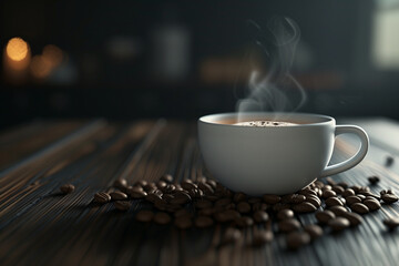 a white porcelain cup filled with steaming hot coffee, coffee beans scattered in the foreground on a dark wooden table. Soft morning light illuminates the scene, Generative AI