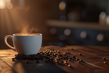 a white porcelain cup filled with steaming hot coffee, coffee beans scattered in the foreground on a dark wooden table. Soft morning light illuminates the scene, Generative AI