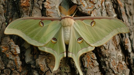   A tight shot of a big green moth perched on a leafless tree trunk - obrazy, fototapety, plakaty