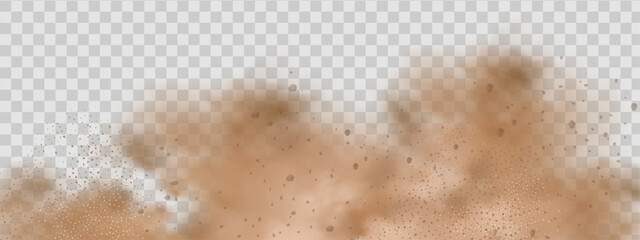 Vector background of a sand explosion with dirt and cloud smoke. Brown sandstorm splash and  dirty ground with a textured wind effect.Yellow flying particles and stone.