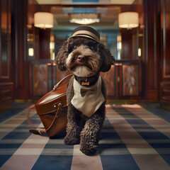 highly realistic photo of a mini chocolate labradoodle with a white goatee and white patch of fur on his chest dressed as a bell boy concierge