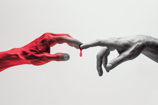 Symbolically giving blood from one person to another. Also concept image for World blood donor day - June 14. close-up of two pairs of hands, one extending to give blood and the other receiving it.