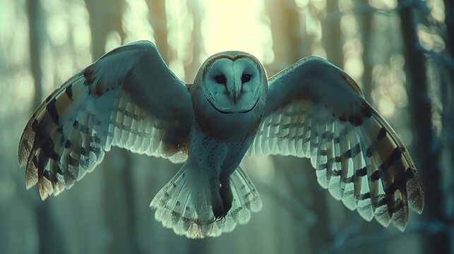   An owl flies through the air, wings spread, eyes open In the pic's foreground