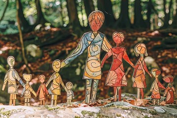 Fototapeta premium This abstract representation of a family in a forest is perfect for concepts on family bonds, nature, and environmental awareness.