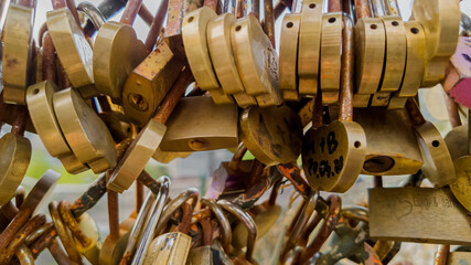 Close-up of numerous love padlocks attached to a fence, symbolizing unbreakable love and...