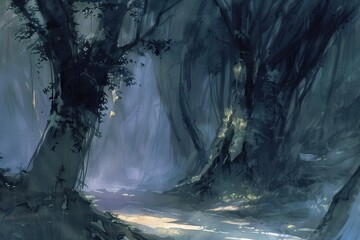 A digital painting captures the mystic beauty of a forest path, suitable for fantasy book covers or tranquil wall art.