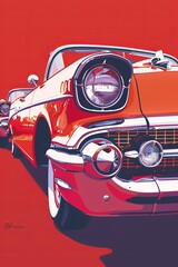 A vibrant illustration of a classic vintage car in bold red and white, perfect for retro-themed posters or automotive designs.