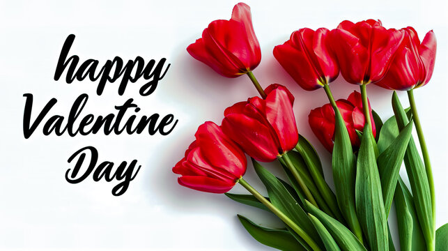 Red tulips isolated on white background, text with "happy valentine day". - Powered by Adobe