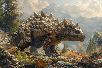 Behold the Ankylosaurus clad in formidable armor, exuding protection and power in a primeval landscape. The sturdy build of the armored Ankylosaurus stands out amidst rocky terrain and ancient foliage