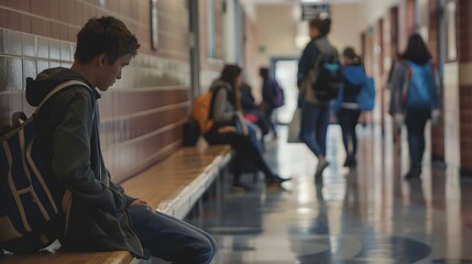 School Hallway Lunch Break Teenager Reflects in Solitude Amongst Laughter