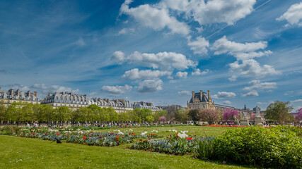 Fototapeta na wymiar Springtime in Paris with vibrant tulips and greenery in Tuileries Garden, ideal for Easter holiday and travel concepts, with clear blue skies and historic architecture