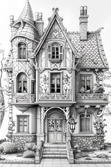house line art for coloring pages, detailed black lines on a white background