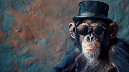 Dapper Chimpanzee in Shades and Top Hat, Space for Text Insertion - obrazy, fototapety, plakaty