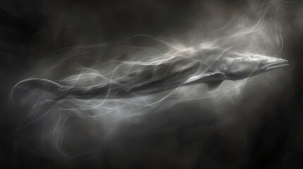  Dolphin swimming in water with smoky exhale, black backdrop