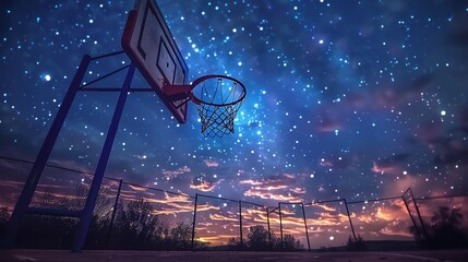 A basketball hoop with the net made of shimmering light, positioned under a starry sky, blurring the lines between night and the game