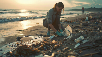 woman collecting garbage from a bottle in the sea. - obrazy, fototapety, plakaty