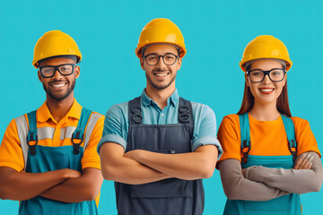 Portrait of a group of smiling construction workers standing with crossed arms
