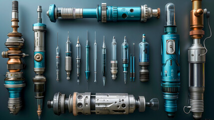 Set of various electric tools on a dark background