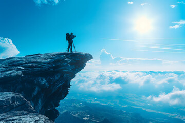 Silhouette of photographer on top of mountain with blue sky background