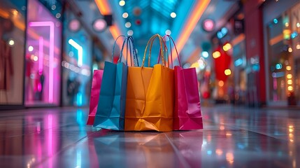 AI generated illustration of shopping bags amidst a cityscape at night