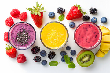 Smoothies with blueberries, raspberries, blackberries, kiwi and mango