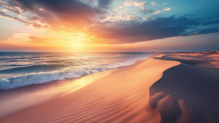 The Setting Sun Casts A Spectacular Glow Over The Seaside Sand Dunes