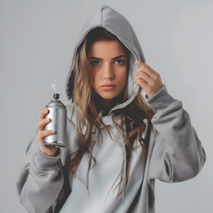 portrait of a beautiful woman in a hoodie holding a can of spray in her hand in front of her in the foreground