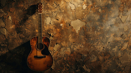 old wooden brown guitar and old musical instruments on the background of the old wall.