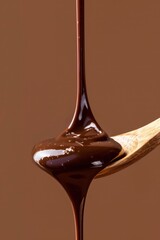 liquid chocolate dropping from a wooden spoon isolated on a light brown background