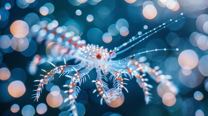  A sharp close-up of a shrimp against a softly blurred backdrop, featuring an indistinct arrangement of lights