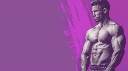 Fototapeta premium A shirtless man poses before a vibrant backdrop of purple and pink hues, hands resting on hips Right hand placed on left hip