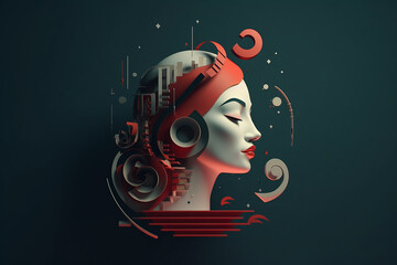 A side profile of a stylized woman with music-inspired abstract motifs in a cool-toned backdrop